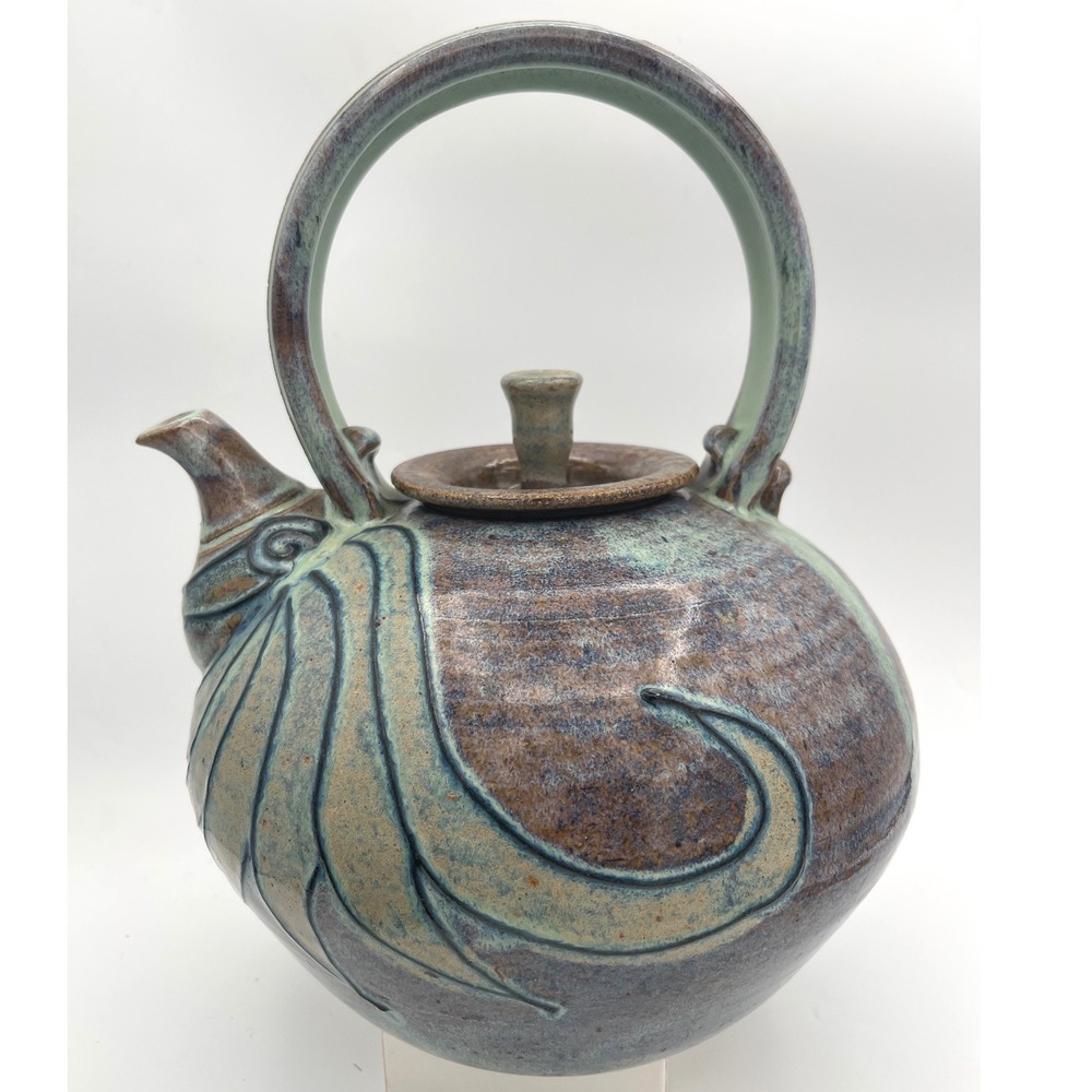 Artisan studio Pottery Teapot Signed large‎ Glazed Stoneware Blue Green vtg